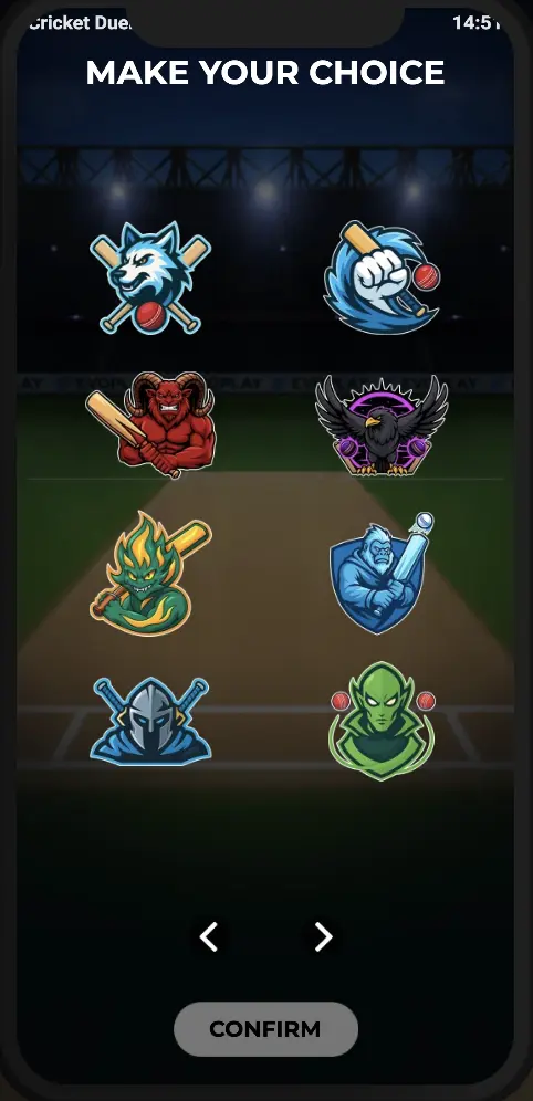 Cricket Duel mobile interface showing game on smartphone
